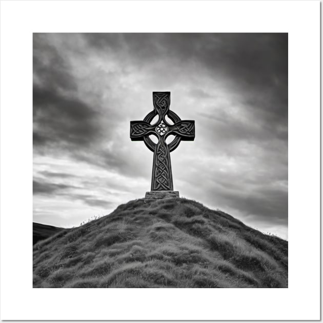 Ancient Celtic Cross on a Burial Mound hill on a hill beneath a stormy, angry sky Wall Art by DesignsbyZazz